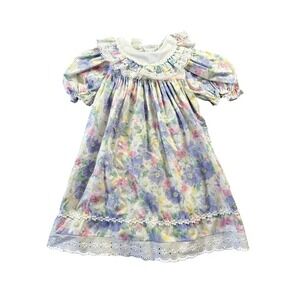 Vintage Floral Puff Sleeve Dress Eyelet Lace Trim Cottagecore Pastel Made in USA